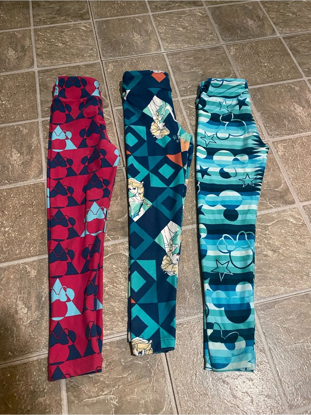 LuLaRoe Girls' Patterned Disney Leggings - Burgundy, Teal & Aqua